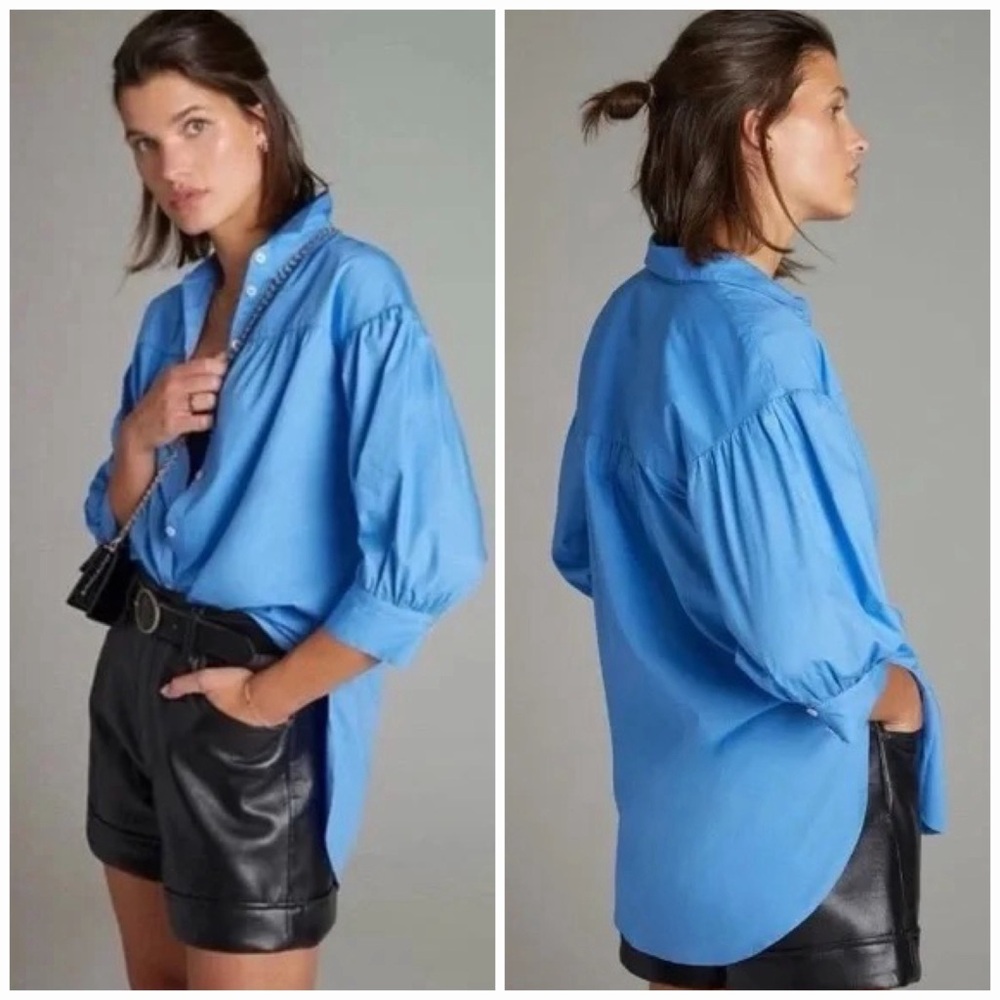 Maeve Anthropologie Puff Sleeve Poplin Oversized Button Front Shirt